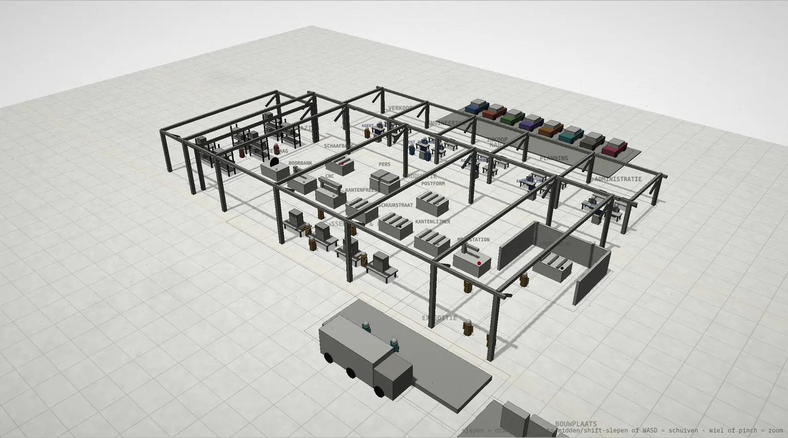 Overzicht van de hele fabrieksmaquette met werkplaats, kantoren, een vrachtwagen bij de expeditie en mensen op de vloer